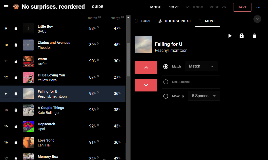 Sort by Tune: Move Track Interface